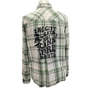 Hand Printed Upcycled Womens Medium No City Lights Just Campfire Nights Shirt